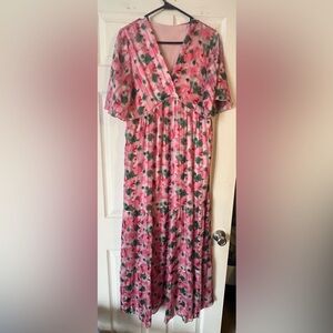 Elegant Pink Floral V-Neck Dress